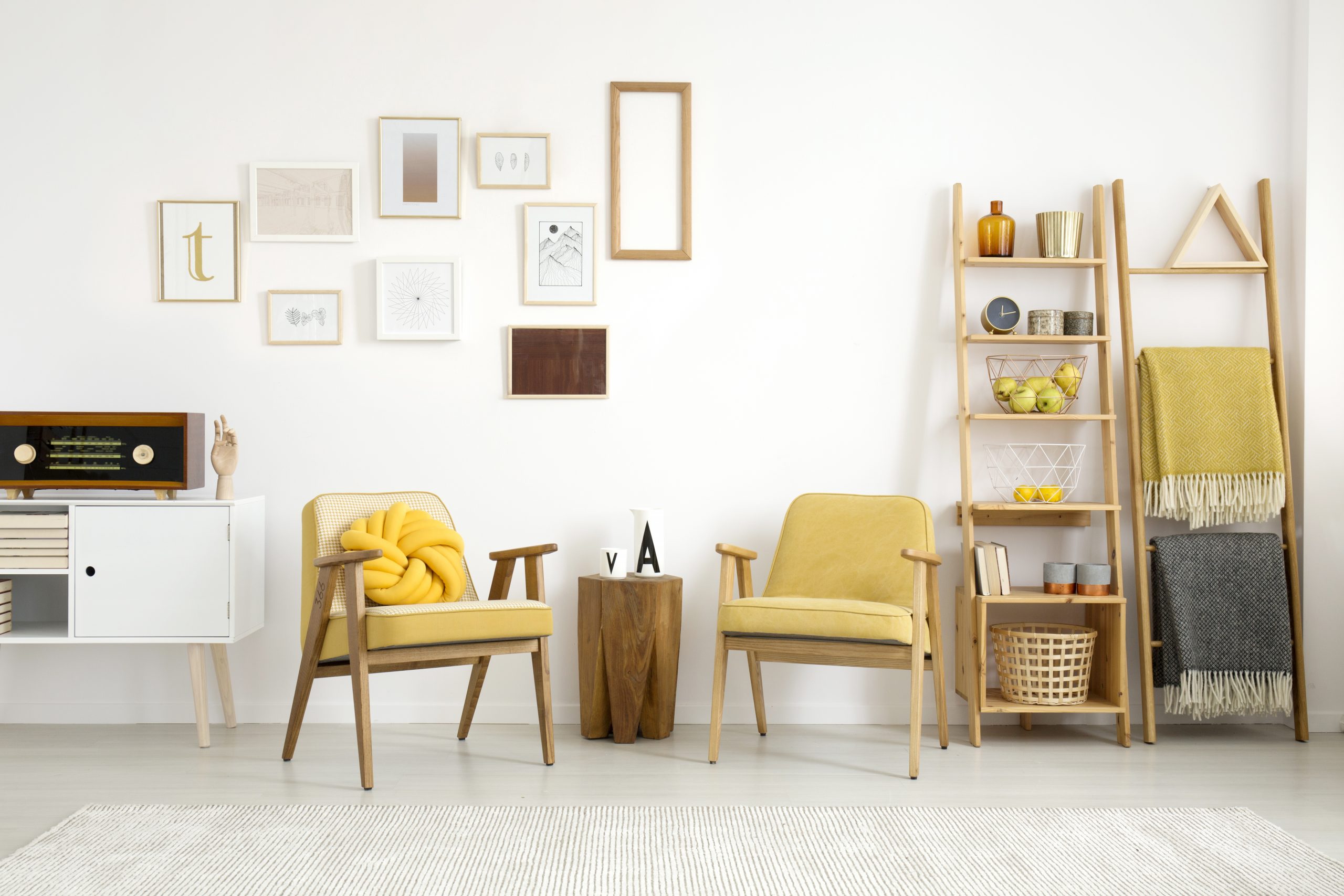 Framefox gallery wall Yellow living room interior